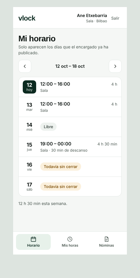 El horario de la semana en el móvil de un empleado